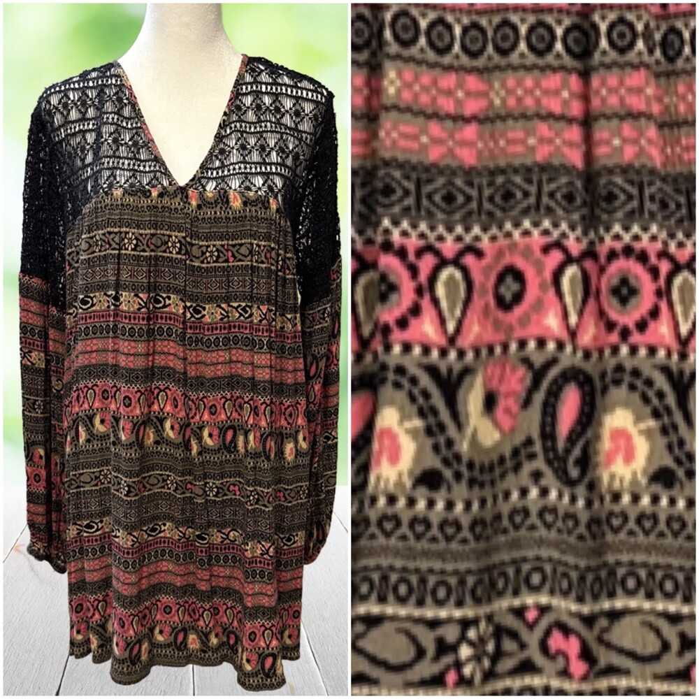UMGEE Mini Tunic Dress Sheer Crochet Multicolor Aztec Style Boho Festival Sz M